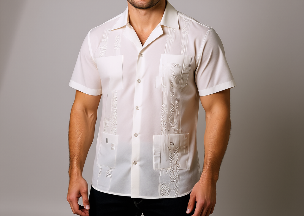 Druvell Havana Linen guayabera shirt on model, studio