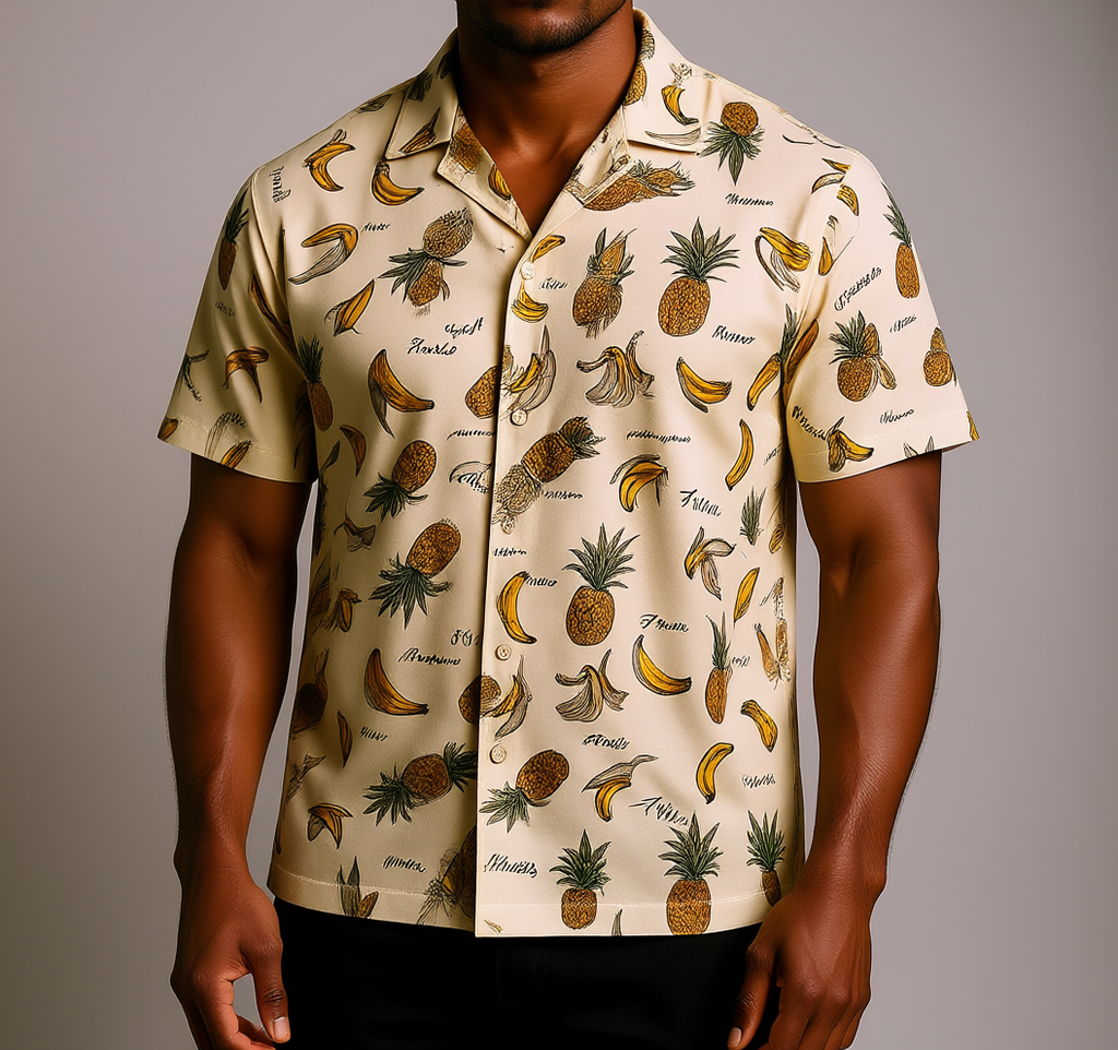 Druvell Tropic Grove printed camp shirt on model, studio