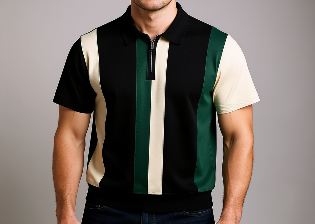 Druvell Fairway Stripe half-zip knit polo on model, studio