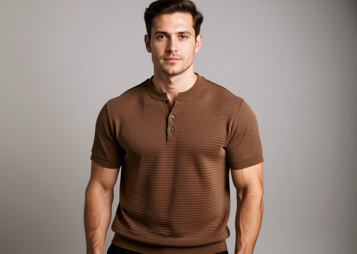 Druvell Heritage Waffle henley on model, studio