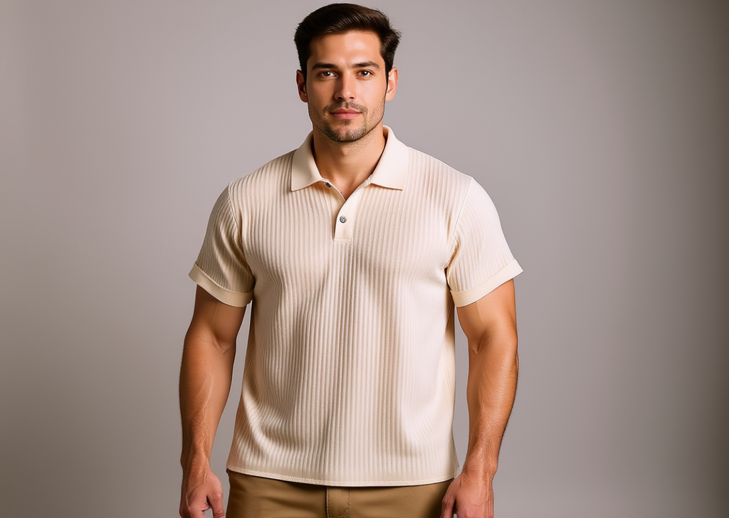 Druvell Sahara Waffle polo on model, studio