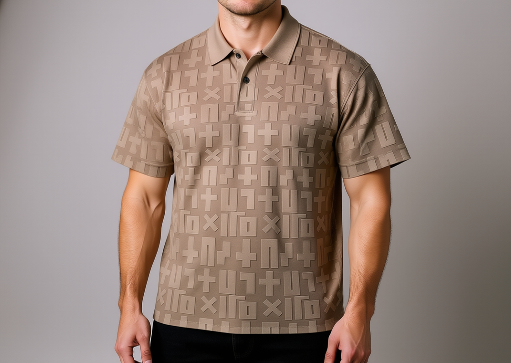 Druvell Cipher Texture geometric knit polo on model, studio